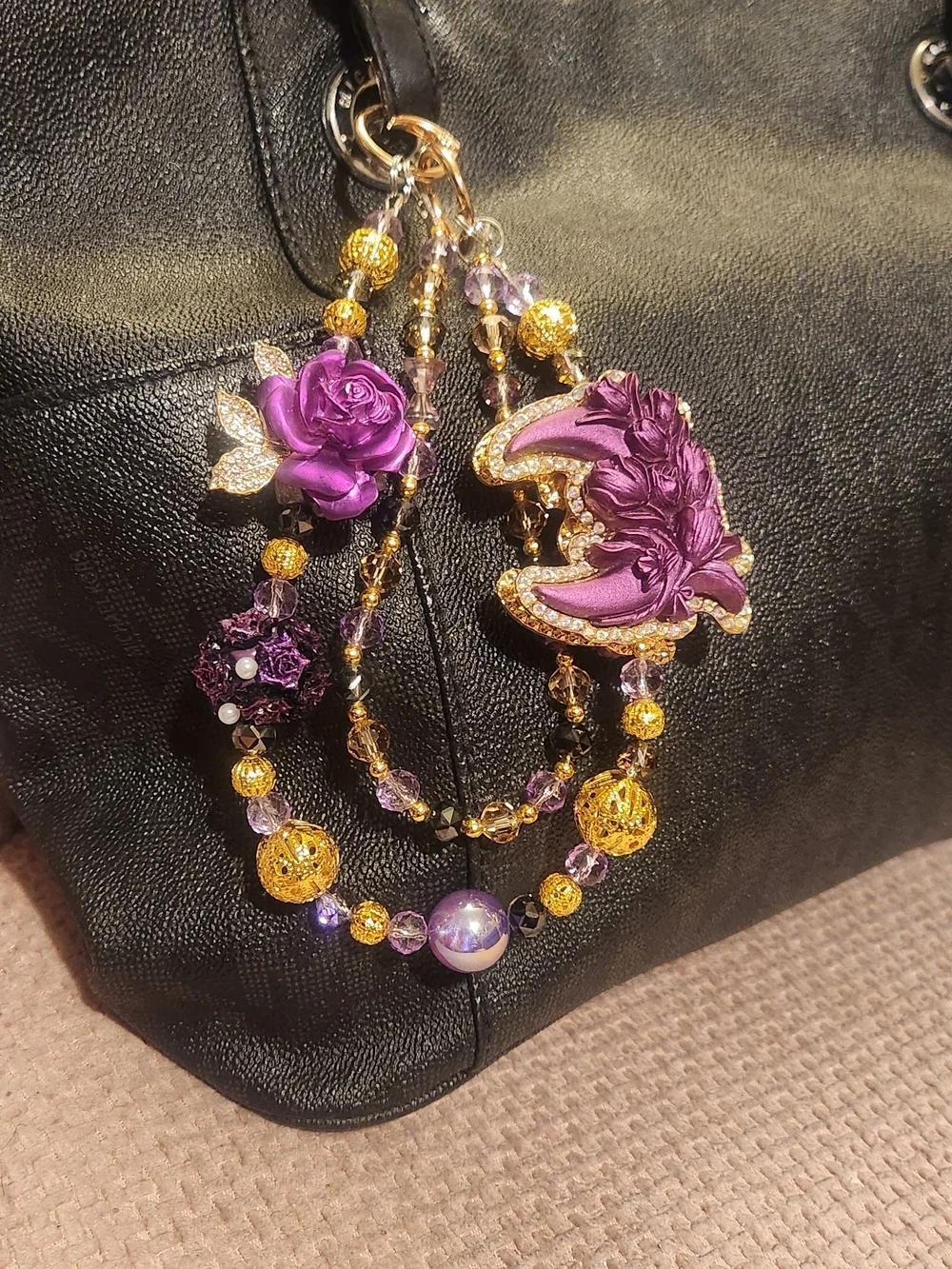 Purple Floral Moon Charms for Purse and Phone - Gold Accents